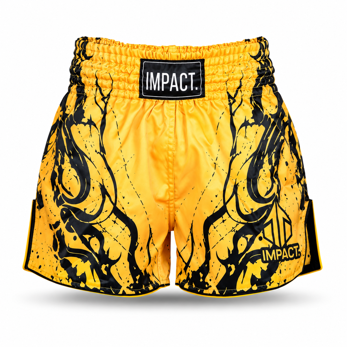 Gold and black IMPACT Muay Thai shorts front view
