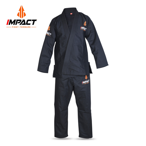 Black IMPACT Brazilian Jiu-Jitsu gi with orange emblem, front view