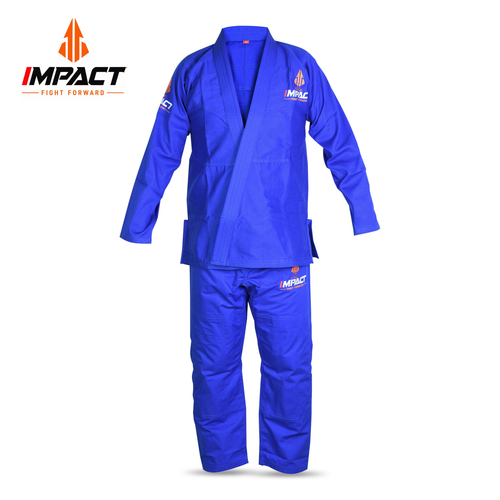 Blue IMPACT Brazilian Jiu-Jitsu gi and trousers front view