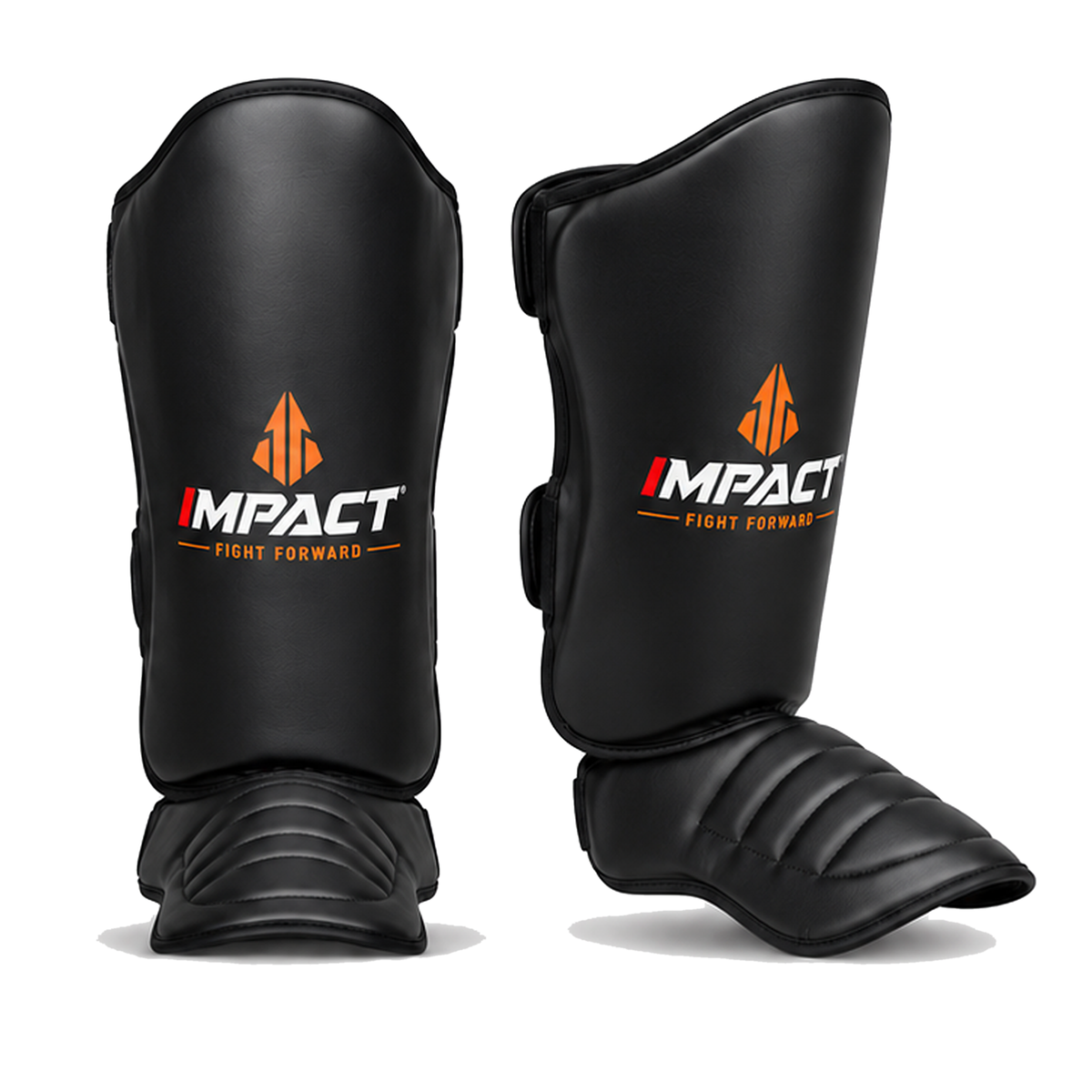 Black IMPACT shin guards front and angled side views, matching original IMPACT branding