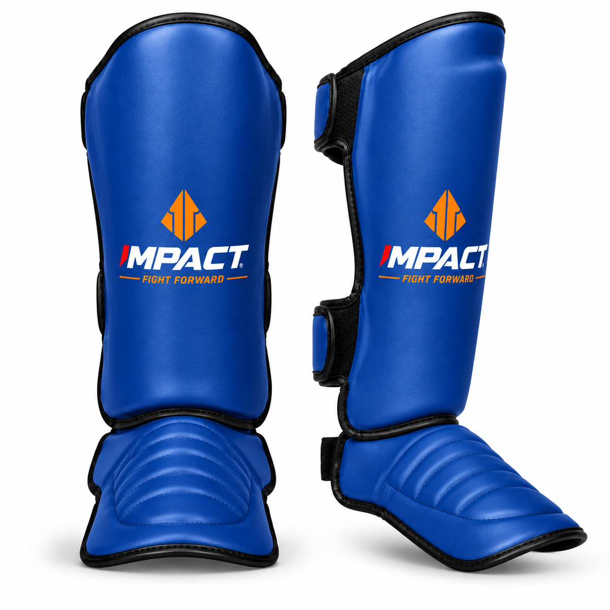 Royal blue IMPACT shin guards front and angled views