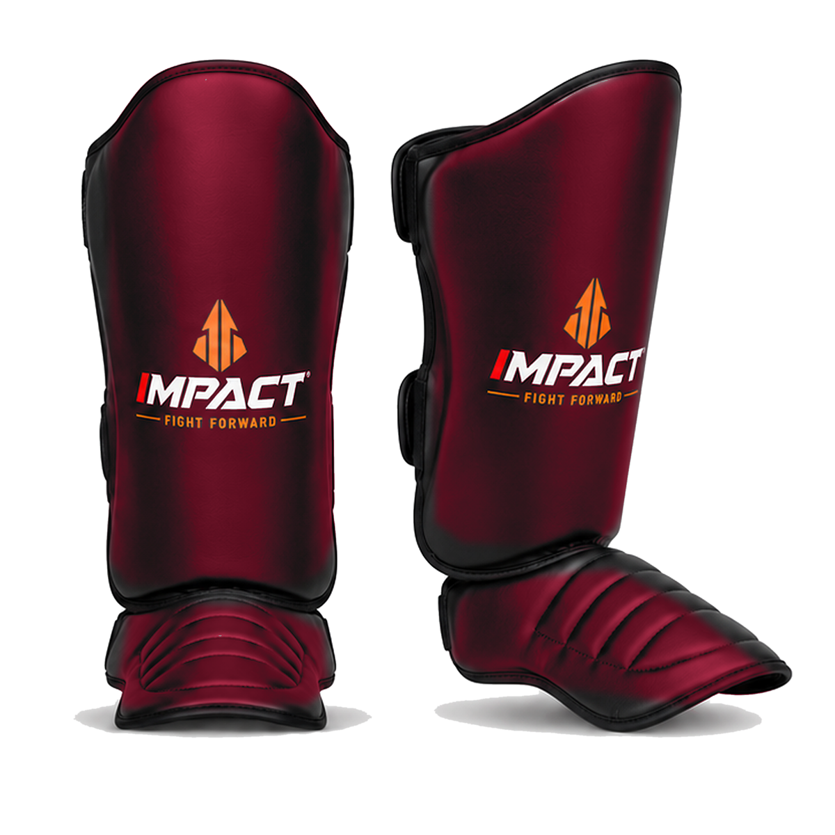 Burgundy IMPACT shin guards, front and angled side views