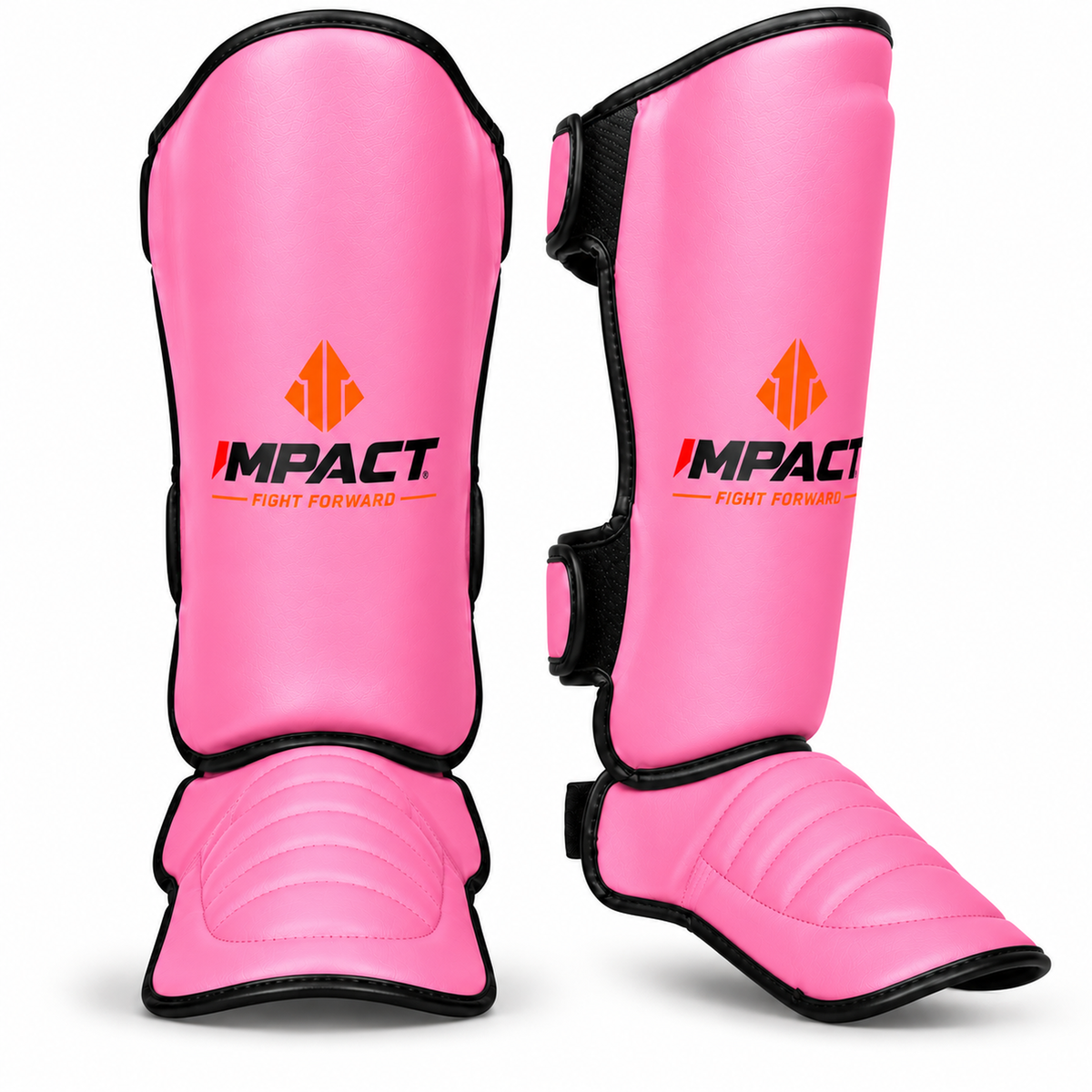 Pink IMPACT shin guards front and angled side views