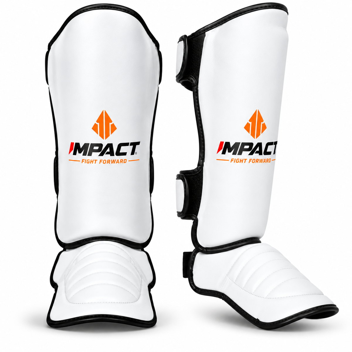White IMPACT shin guards front and angled side views, matching branding
