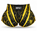 Black and gold IMPACT Muay Thai shorts with high curved side hems and IMPACT waistband branding
