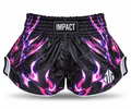 Black and pink IMPACT Muay Thai shorts with magenta-purple flames, high curved hems and centered IMPACT waistband