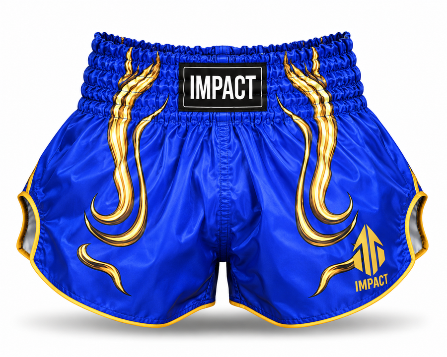 IMPACT royal blue and gold Muay Thai shorts with flame graphics and gold trim