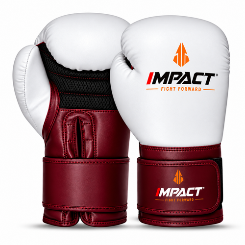 IMPACT white burgundy boxing glove with full ventilated mesh and no extra palm flap