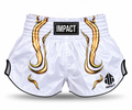 White and gold IMPACT Muay Thai shorts with high-curved hems, side slits and centered IMPACT waistband branding
