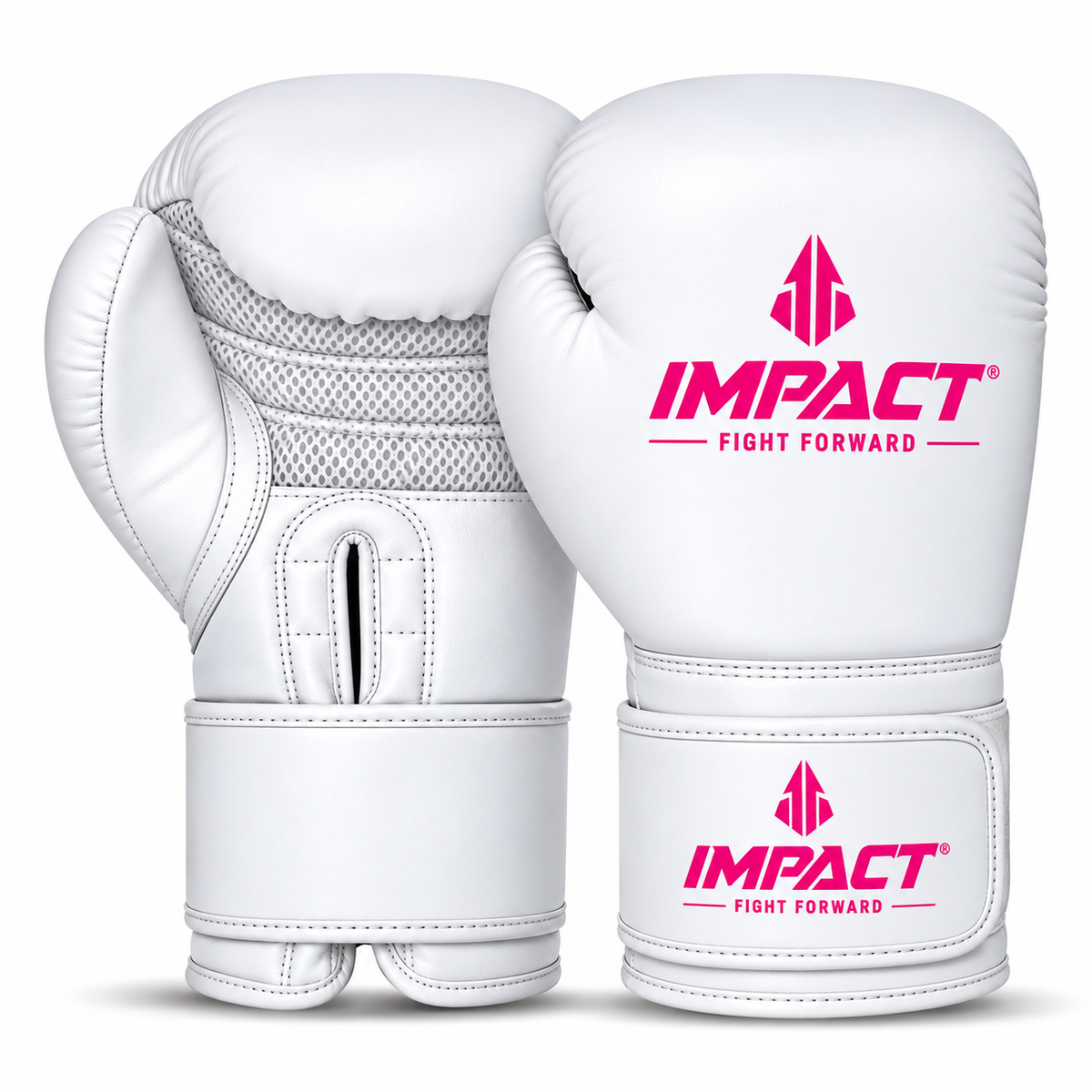 White and hot-pink IMPACT boxing gloves with light grey mesh palm and no extra flap