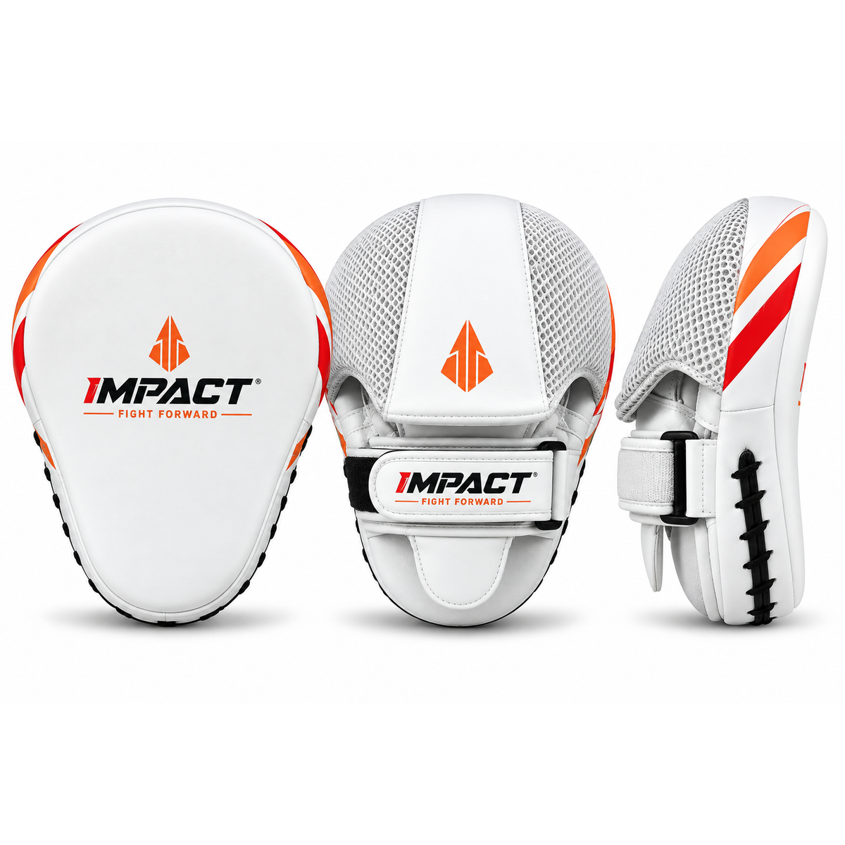 IMPACT white boxing focus mitts front back and side views